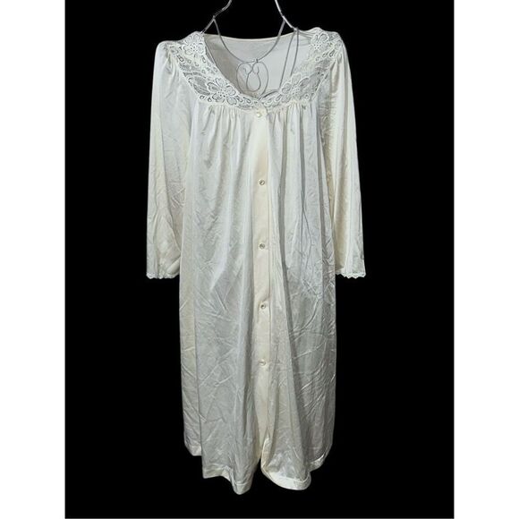 VINTAGE SHADOWLINE SILKY NYLON Button-Up LACE/FLORAL House Dress YELLOW Lounge S - Picture 1 of 12